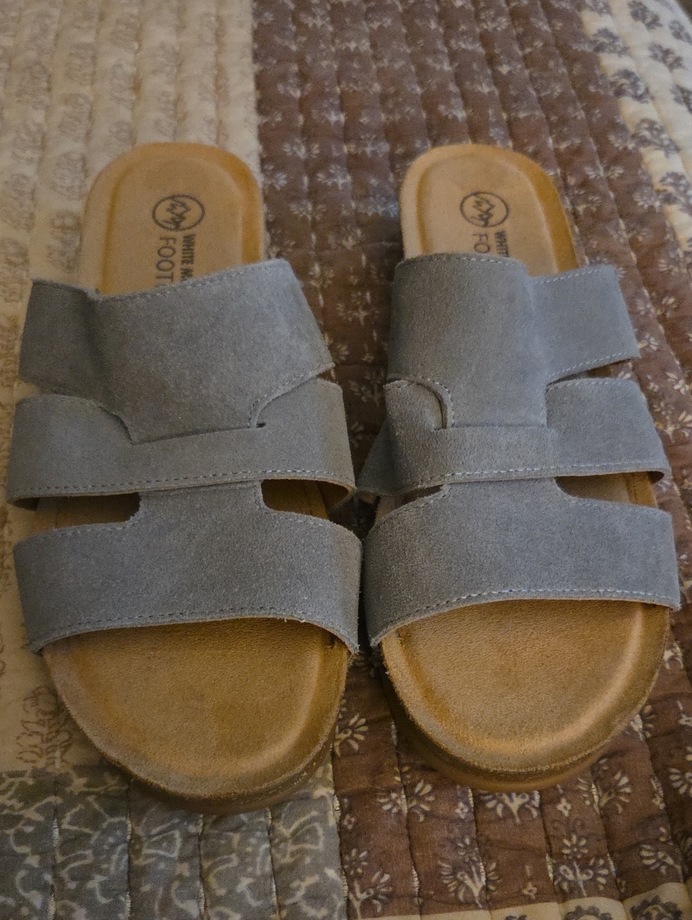 White Mountain Blue-Gray Leather Double-Band Slide Sandals